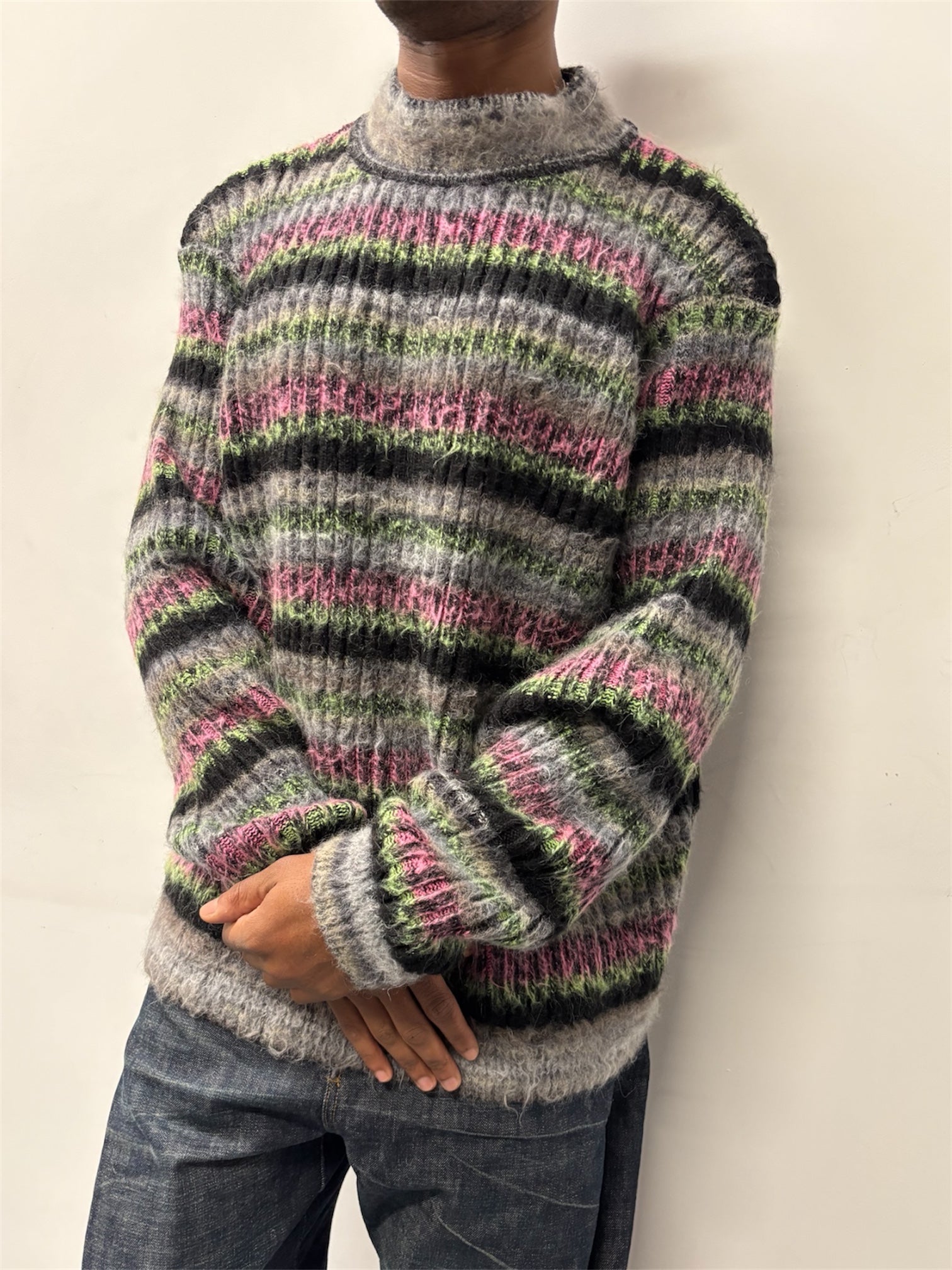 BRUSHED MOHAIR GREY STRIPE